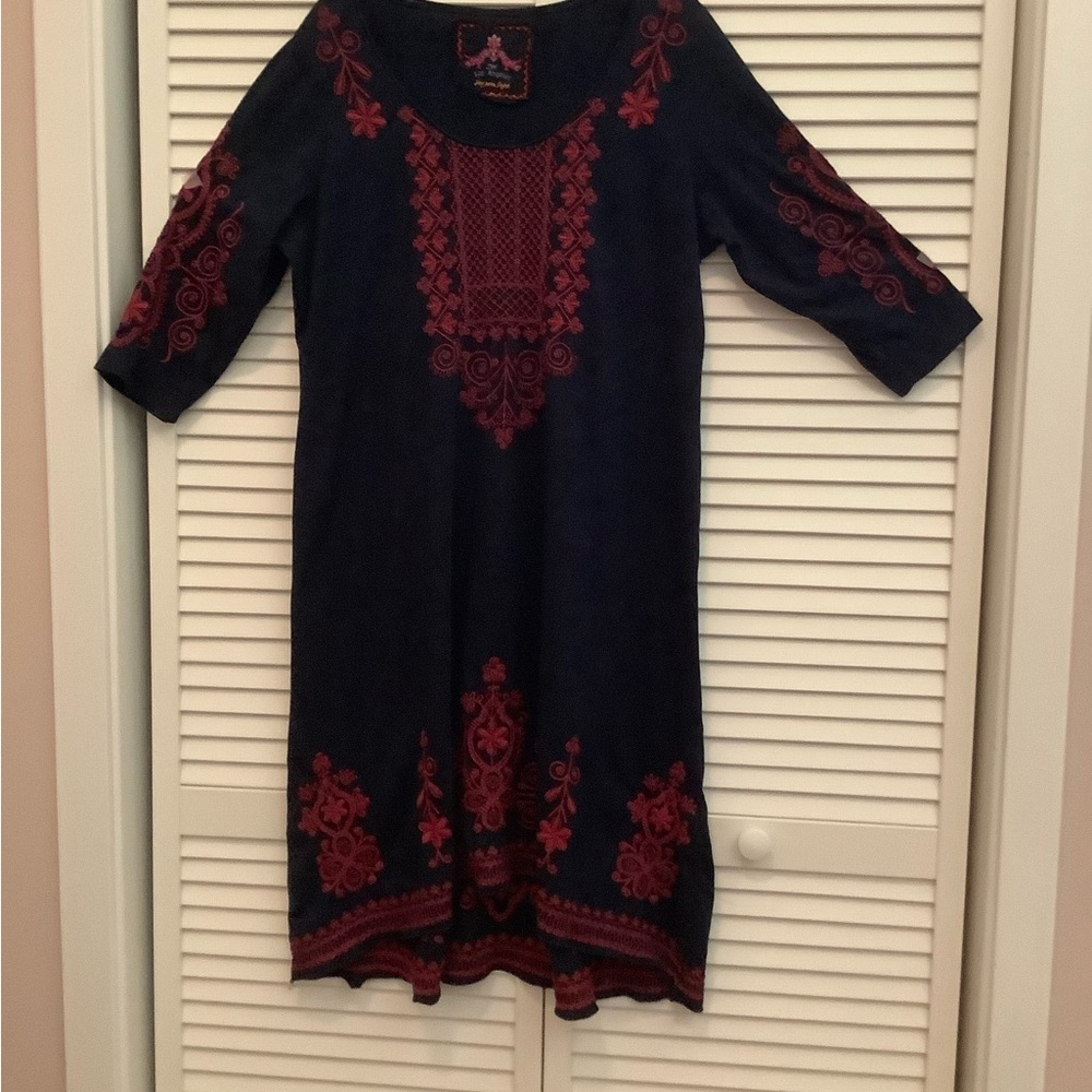 Johnny Was Navy Dress with Burgundy Embroidery